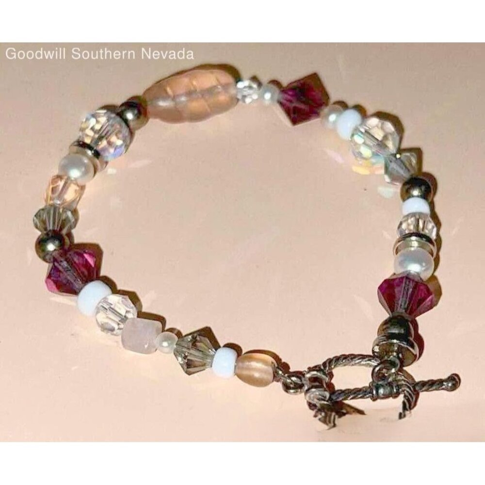 Sterling Silver Crystal Beaded Bracelet Crystals Pearls Toggle Clasp 6.25" 9.42g